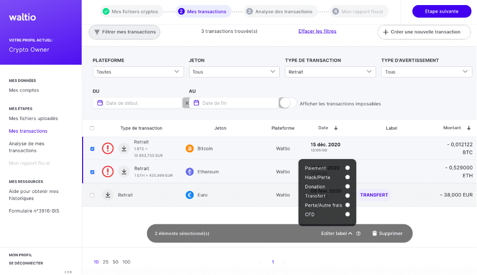 Waltio 10 labellisation transactions cryptomonnaies