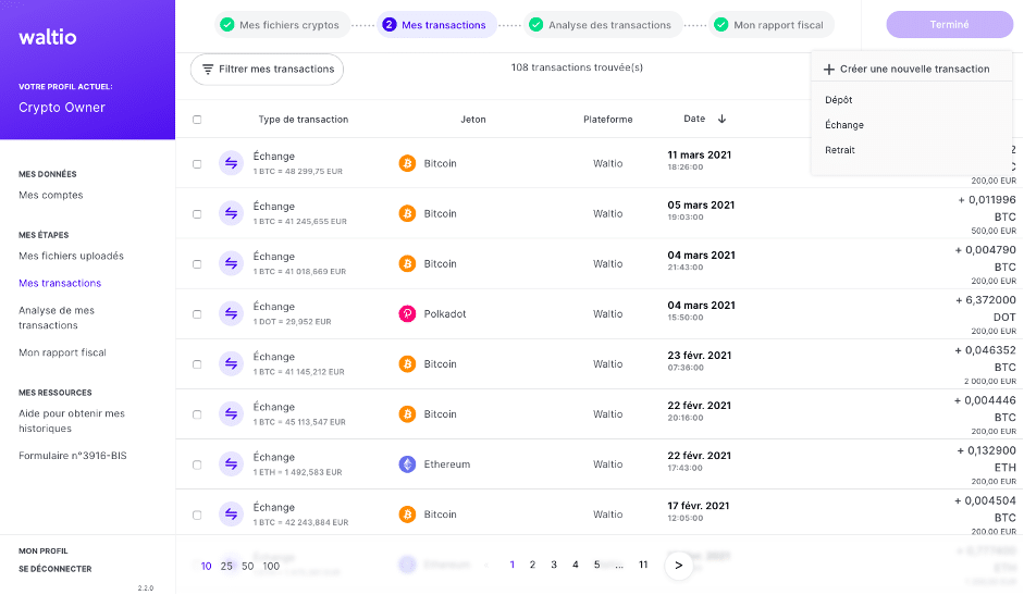 Waltio 11 creation transactions cryptomonnaies manquantes