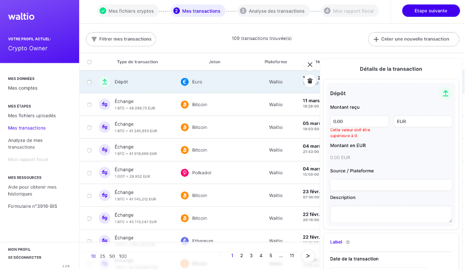 Waltio 12 rensignement informations transaction cryptomonnaies manquante