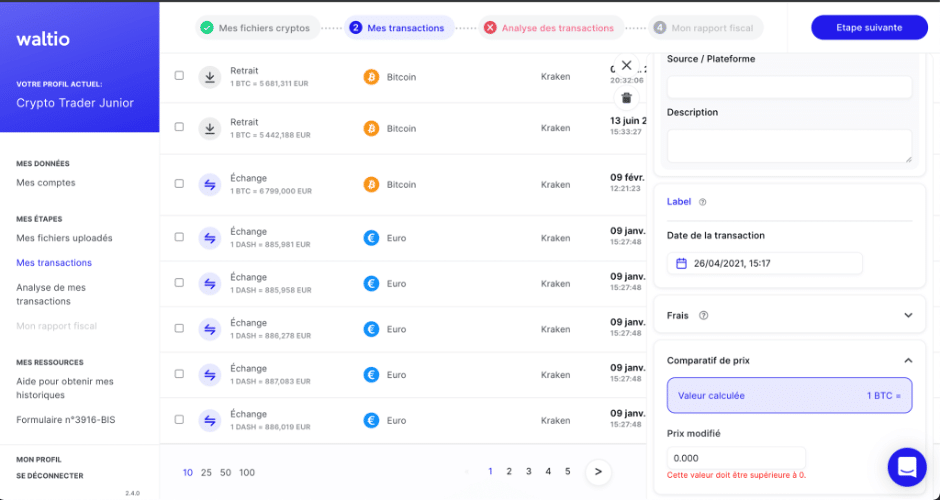 Waltio 13 details transaction cryptomonnaies