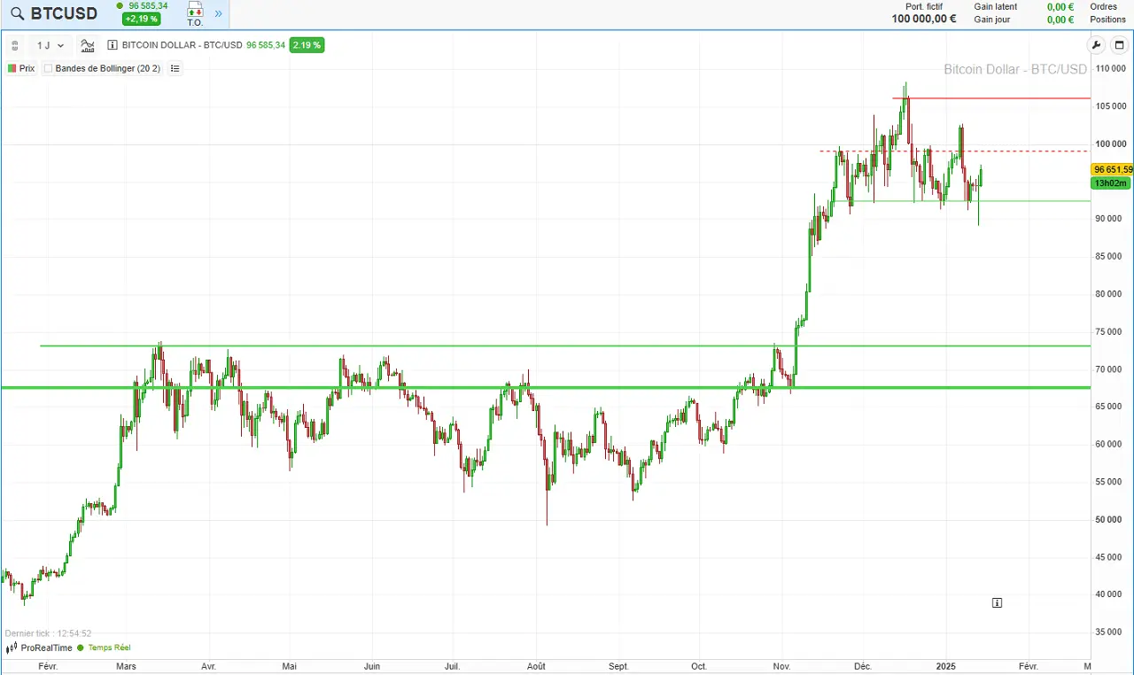 Evolution cours Bitcoin sur 1 an janvier 2025